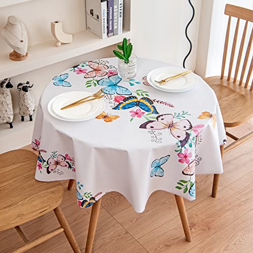 PUDSIRN Wipe Clean Round Tablecloth, White Butterfly Flower Pattern PVC Wipeable Table Cover, Waterproof Dust Resistant Plastic Party Table Cloth for Picinc Birthday Weddings (Round 140 cm)