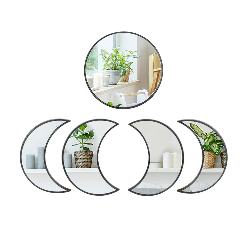 Azonee Home Decor Moon Round Shape Mirror Set, , 5 Piece Plastic Boho Mirrors Wall Decor, Glass Moon Phase Mirror Northern Europe Style Decoration for Home Bedroom, Living Room (Black)