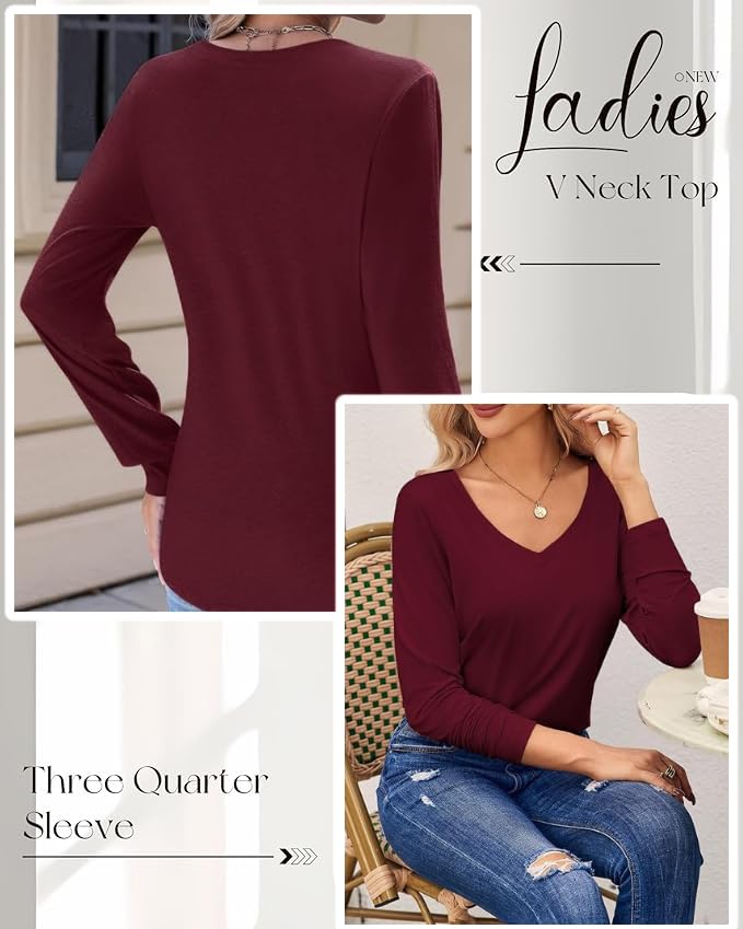 Image of Women's 3 /4 Sleeves Regular Fit V-Neck Cotton T-Shirt