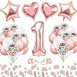 🍁 【1. Geburtstag Ballons Pack】 40-Zoll-Ballon 1, 10-Zoll-Latexballon (Roségold * 10, Weiß * 10), Roségold-Konfetti-Ballon gedruckt 