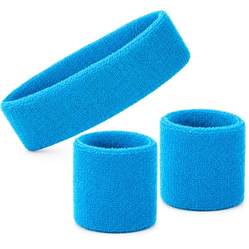 Neon Schweißbänder Set - 80er Jahre Retro Stirnband & Armbänder | Sport Schweißband für Damen & Herren | Fitnessstudio, Workout, Laufen, Tennis, Radfahren, Basketball, Yoga & Faschingszubehör (Türkis