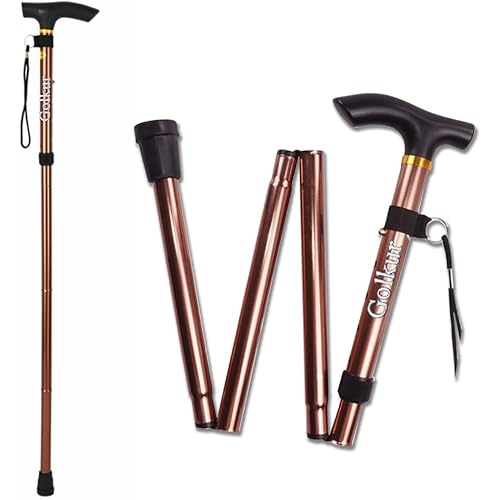 Golkur Walking Cane for Men Walking Stick for Women Foldable, Adjustable, Lightweight Aluminum Collapsible Seniors Elderly Crutches T Handles Daily Living Aid Balancing Mobility Aid Brown