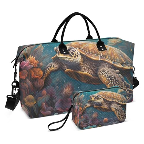 Large Travel Duffel Bag, Sea Turtle Vintage Sports Tote Gym Bag, Shoulder Weekender Overnight Bag for Women Men, Carry On Luggage with Toiletry Bags