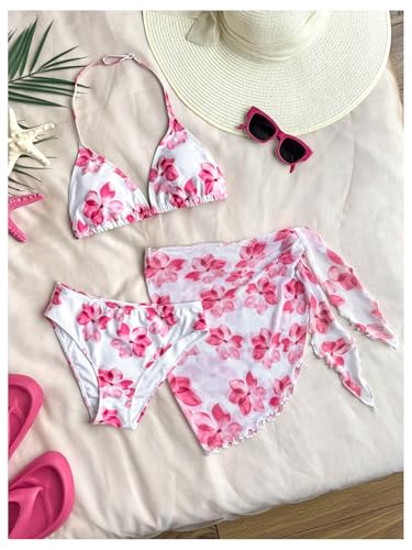 SweatyRocks Girl's 3 Piece Bathing Suit Floral Print Halter Triangle Swimsuit with Cover Up Skirt3