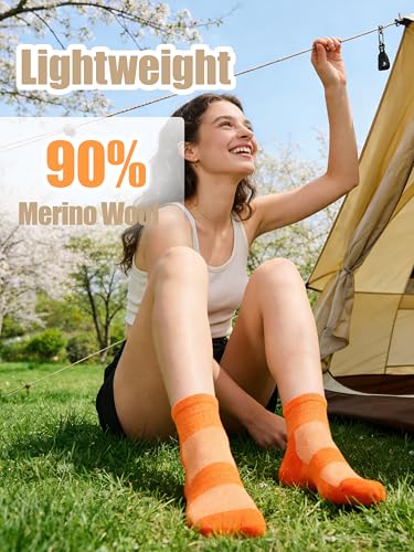 Image of 3 Pairs 90% Merino Wool Socks for Men Women Business Casual Wool Ankle Thin Hiking Running Athletic Support Breathable Cushioned Low Cut Sock - Orange Pink Purple Large