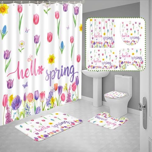 Tieshankao 4 Pcs Spring Shower Curtain Bathroom Set - Tulip Floral Non Slip Rugs Toilet Lid Cover Bath Mat with 12 Hooks Decor for Easter - Style 5