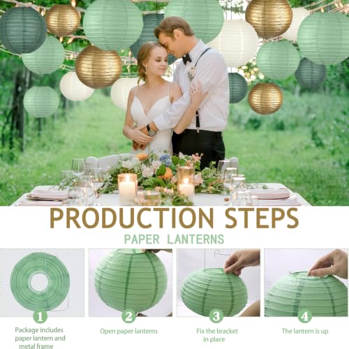 Image of 15-Pack Sage Green Gold Paper Lanterns Party Decorations | Assorted 6, 8 & 10-Inch Hanging Lanterns for Baby and Bridal Showers, Graduations, Weddings, Birthdays and Outdoor Receptions