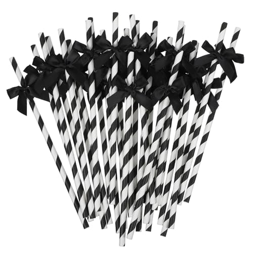 Psiriol 30Pcs Black Bow Paper Straws for Drinking Cute Bow Party Straws