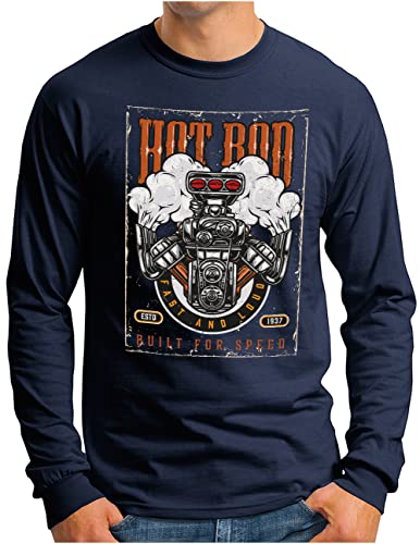 T-shirt à manches longues confortable grand col rond OM3 V8-Big-Block bleu marine XXL