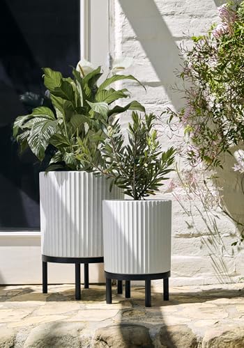 Image of Veradek Demi Series Raised Duo Planters - Set of 2 Planters with Stands | Made From a Durable Plastic-Stone Composite & Comes With Wooden Stand. Modern Porch /Patio Decor