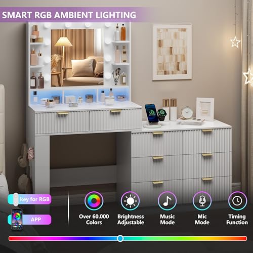 Image of Makeup Vanity Desk with Mirror and Lights, 57 inch Fluted Vanity Dresser Combo & Storage Shelves, Vanity Mirror with Mirror and Lights with 8 Drawers, 3 Color Modes, Dressing Table Set for Girls, White