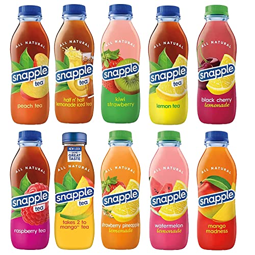 BEEQ BOX - (Pack of 10) Snapple Juice Variety Drinks | 10 Different Flavors : half and half, kiwi strawberry, mango madness, raspberry, lemon, mango, peach, lemonade watermelon, black cherry lemonade, strawberry pineapple lemonade | 16 Fl Oz Plastic Bottle