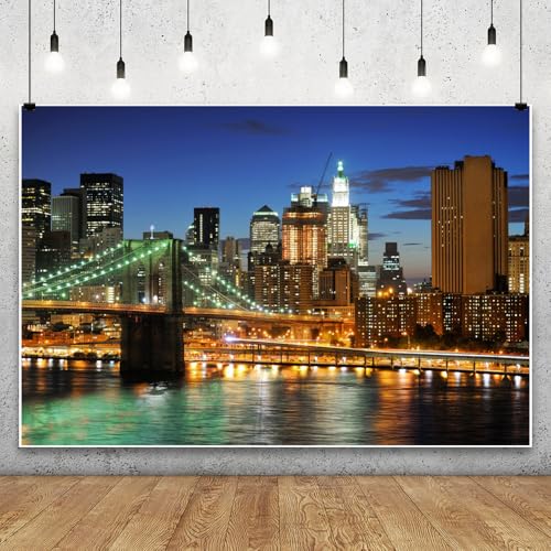 Laeacco 10x8ft New York Bridge Backdrop US City Night View Photography Backdrop Modern City Sunset Evening Scenery NYC New York City Theme Party Decor Bar Pub Background Birthday Wedding Photo Studio