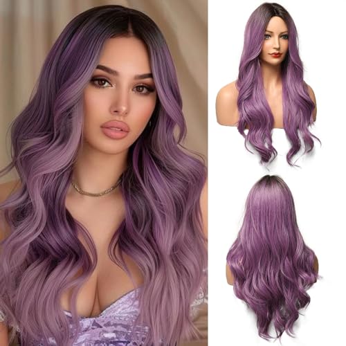 OUFEI Long Wavy Ombre Purple Wig for Women Natural Synthetic Hair Heat Resistant Ombre Wigs with Dark Roots for Daily Party Cosplay Wear