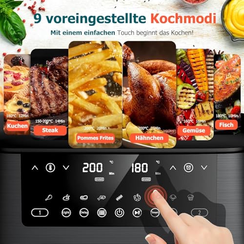 Heißluftfritteuse 2 Kammern mit Sichtfenster, 9L XXL Doppel-Airfryer, 2 Unabhängige Fächer, 9-in-1 Air Fryer, Touchscreen, Smart und Timer-Funktion, Gesunde Friteuse ohne Öl und fettarmes Kochen – Bild 4