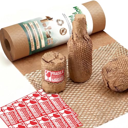SMART&CASUAL Honeycomb Packing Paper 12" W x 180' L Bubble Cushioning Wrap for Packing Moving Product Gift Wrapping Paper Recyclable Biodegradable Shipping Packing Materials (20 Fragile Stickers)