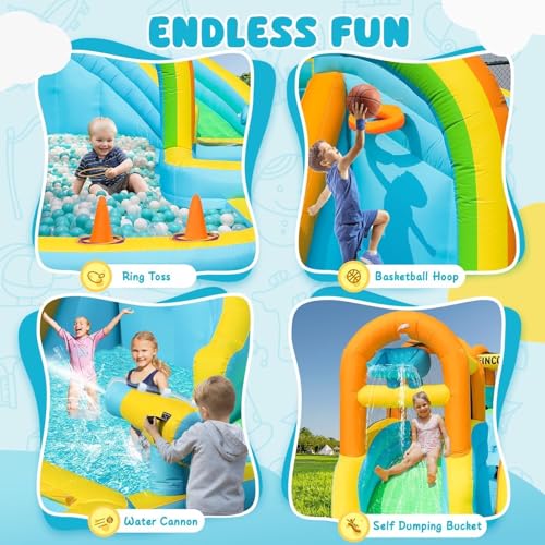 FINCOME Inflatable Water Slide, Bounce House with 2 Slide for Kids, Inflatable Waterslide Park with Splash Pool, Basketball Hoop, Ball Shooting & Water Cannon for Backyard, Outdoor, Indoor - Thumbnail 4