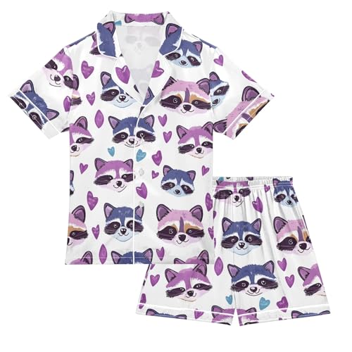Little Purple Raccoon Summer Satin Pajama Set, Cute Button-Down Sleepwear Pj Set for Sleep Wears