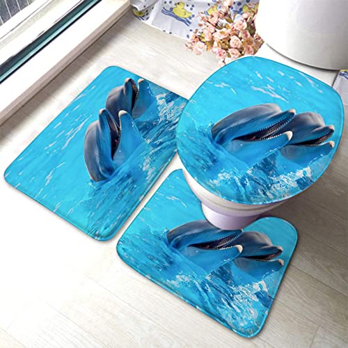 Toilet Teppich 3 Stück Set Delfin-Show, Niedliches Tierbild, Zwei Delfine, Kopf, Lächeln, Ordentlich, Lustig U-Förmiger…