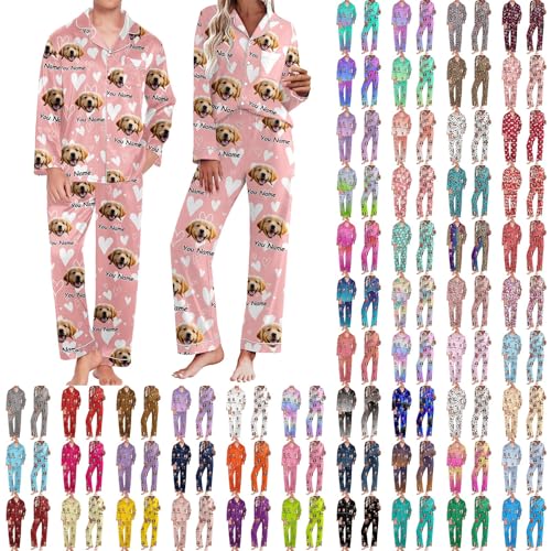 Personalized Pajama Set for Women Men Faces Name Custom Long Sleeve Sleepwear Button Down Nightwear 2025 Couple Matching Set