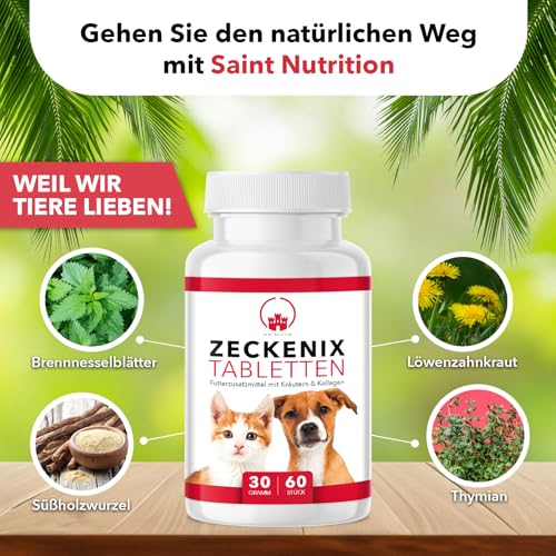 Saint Nutrition® Zeckenix – Zeckentabletten für Hunde – Zeckenschutz Hund - Futterergänzung mit natürlichen Inhaltsstoffen – Ohne künstliche Zusätze – 60 Tabletten für Katzen und Hunde