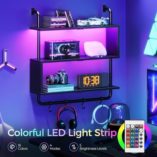 Image of HOOBRO Floating Shelves with LED Lights, 29.5 inch LED Wall Mounted Gaming Shelf, 3-Tier Pipe Display Rack with Hanging Rod and 4 S-Hooks, for Storage Livingroom, Bedroom, Kitchen, Black BB21DBJ01