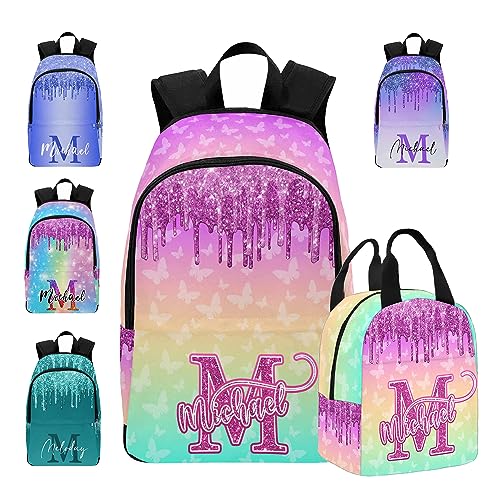 Customize Name Casual School Backpack for Kids, Personalized Deep Pink Glitter Drips with Initial Schoolbag Shoulder Bag Custom Travel Daypack for Students Boys Girls Back School Gifts Picnic