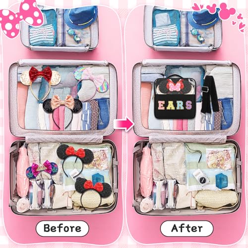 Letter Bow Mouse Ears Travel Case, Park Ears Headband Holder Hair Accessories Organizer Bag for Girls Women Kids Adults, Large Makeup Bag Snack Bags with Zipper for Travel Picnic (Black)4