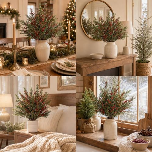 4 PCS Artificial Cedar Branches w/ Red Berries Christmas Picks and Sprays - image 6