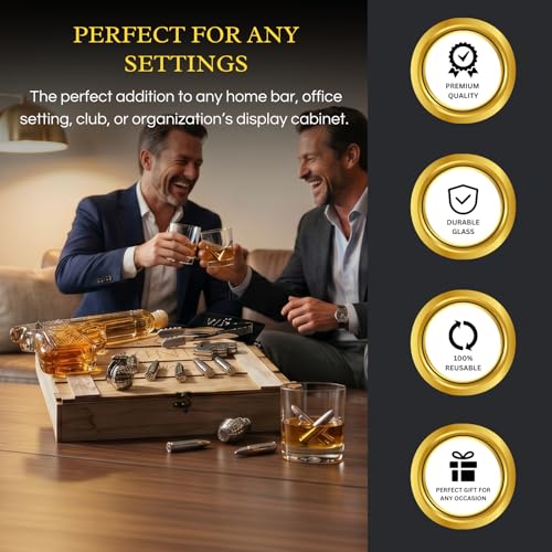 Image of Bullet Whiskey Stones with Vintage Wooden Case, 9oz Gun Decanter, Stainless Steel Ice Cubes Chilling Bullets, Grenades, Pistol, Tongs, Velvet Bag Whiskey Gift Set for Men, Dad, Husband, Boyfriend Cool