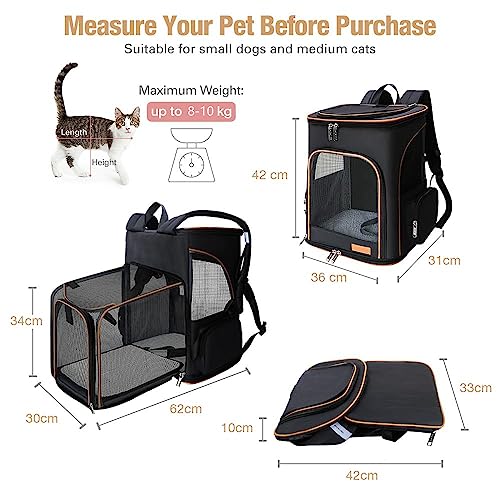 Lekesky Groß Katzenrucksack Hunderucksack für Katzen und Hunde bis 8-10kg, Erweiterbar Faltbare Haustier Rucksack, Schwarz, XL
