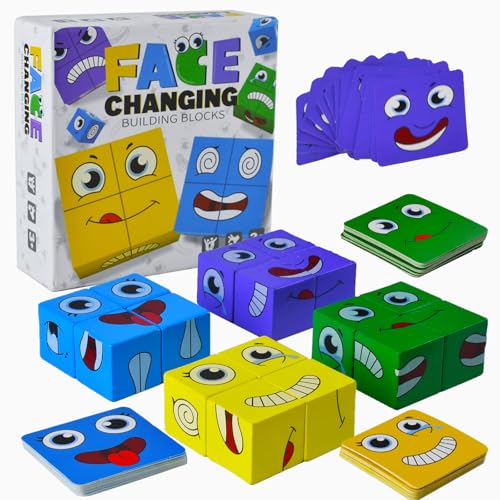 face Changing Magic Cube Geschichtenwürfel Montessori Puzzle Bausteine Holz Spiel 3D Puzzle Face-Changing Magic Cube Set für 3 4 5 6 7 Kinder Gift für Jungen und Mädchen