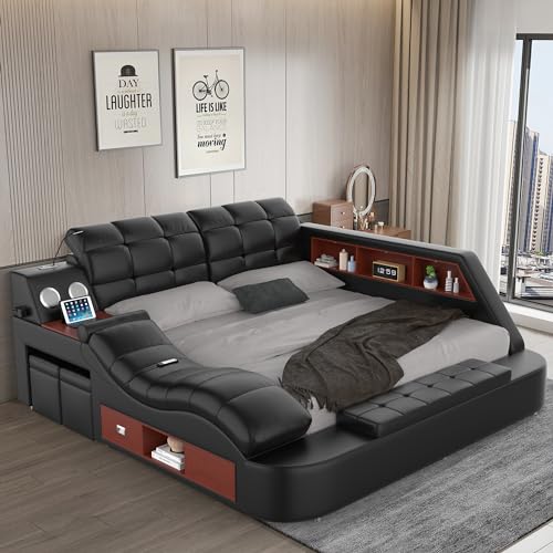 Multifunction Smart King Bed Frame, Luxury Upholstered Platform...