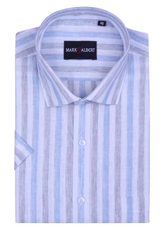 mark & albert Men's Half Sleeve Cotton Linen Striped Shirt SkyBlue-picture-21