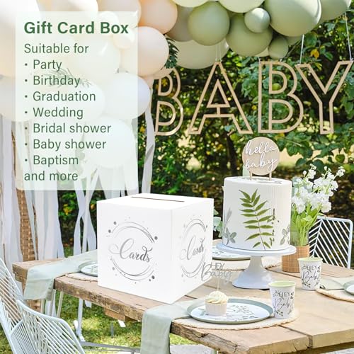 Image of 1 Pack White and Silver Foil Card Box for Party, 8.7 inch White Gift Card Box Money Box for Birthday, Wedding, Baby Shower, Retirement, Anniversary, Bridal Shower, Raffle Ticket