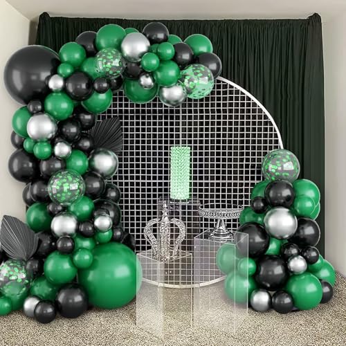 Image of Black Green Balloon Garland,BTZO Balloons Arch Kit With Metallic Silver Confetti Balloon,Black and Green Balloons for Birthday Wedding Bridal Shower Graduations Party Decorations
