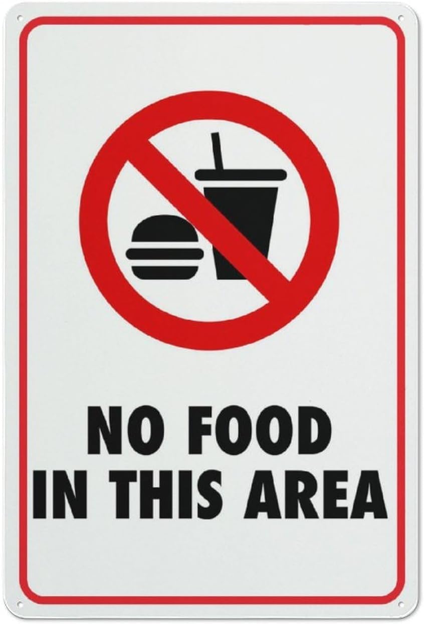 No Food in This Area Rust-Free Aluminum Warning Sign - Weather Resistant, Waterproof, Easy to Mount for Lab, Office, Library, Indoor/Outdoor 8x12 inch​