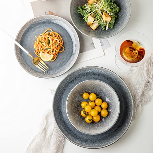 Arora Fait Round Stoneware 16Pc Double Bowl Dinnerware Set For 4, Dinner Plates, Side Plates, Cereal Bowls, Pasta Bowls - Reactive Glaze Grey (439699) #TOP3