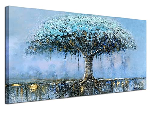 Anolyfi Tree Of Life Canvas Wall Art Summer Blue Tree Nature Painting Abstract Landscape Panoramic Picture Textured Modern Artwork Framed For Living Room Bedroom Bathroom Office Home Large 40"X20" #TOP25