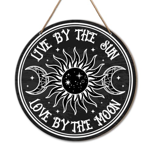 Gothic Witch Sign Wall Decor, Halloween Witch Pagan Round Wood Hanging Sign Decorations, Sun And Moon Witchy Decor for Home Front Door Porch, Witch Gifts for Women, Live By the Sun Love By the Moon