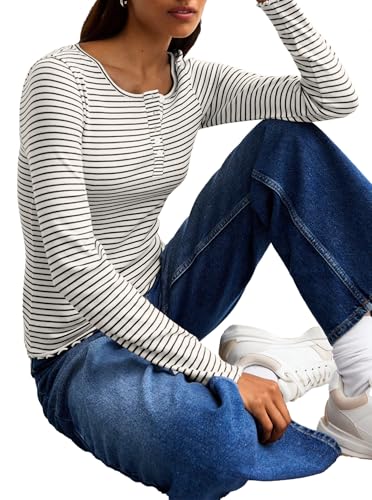 LilyCoco Womens Striped Shirt Ribbed Long Sleeve Crewneck Basic T Shirts4