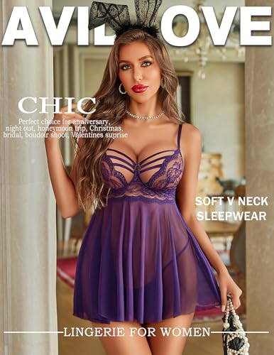 Image of Avidlove Women Lingerie Lace Babydoll Sexy Chemise Nightwear Teddy V Neck Sleepwear Boudoir Outfits