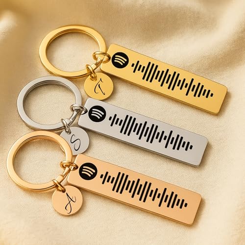 Image of Personalized Spotify Music Code Keychain, Double-Sided Engraving, Custom Message and Initial Charm, Metal