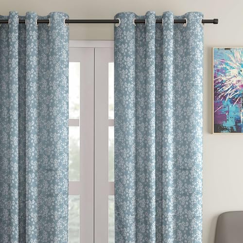 Image of STITCHNEST Floral Jacquard Door Curtain - Blue, 7 Feet, Grommet Top - Pack of 1 Elegant Curtain Panel for Living Room & Bedroom