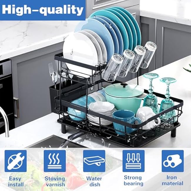Dish Drying Rack - 2-Tier Dish Racks for Kitchen Counter - Rustproof Dish Rack with Drainboard - Kitchen Drying Rack with Cutlery & Cup Holders