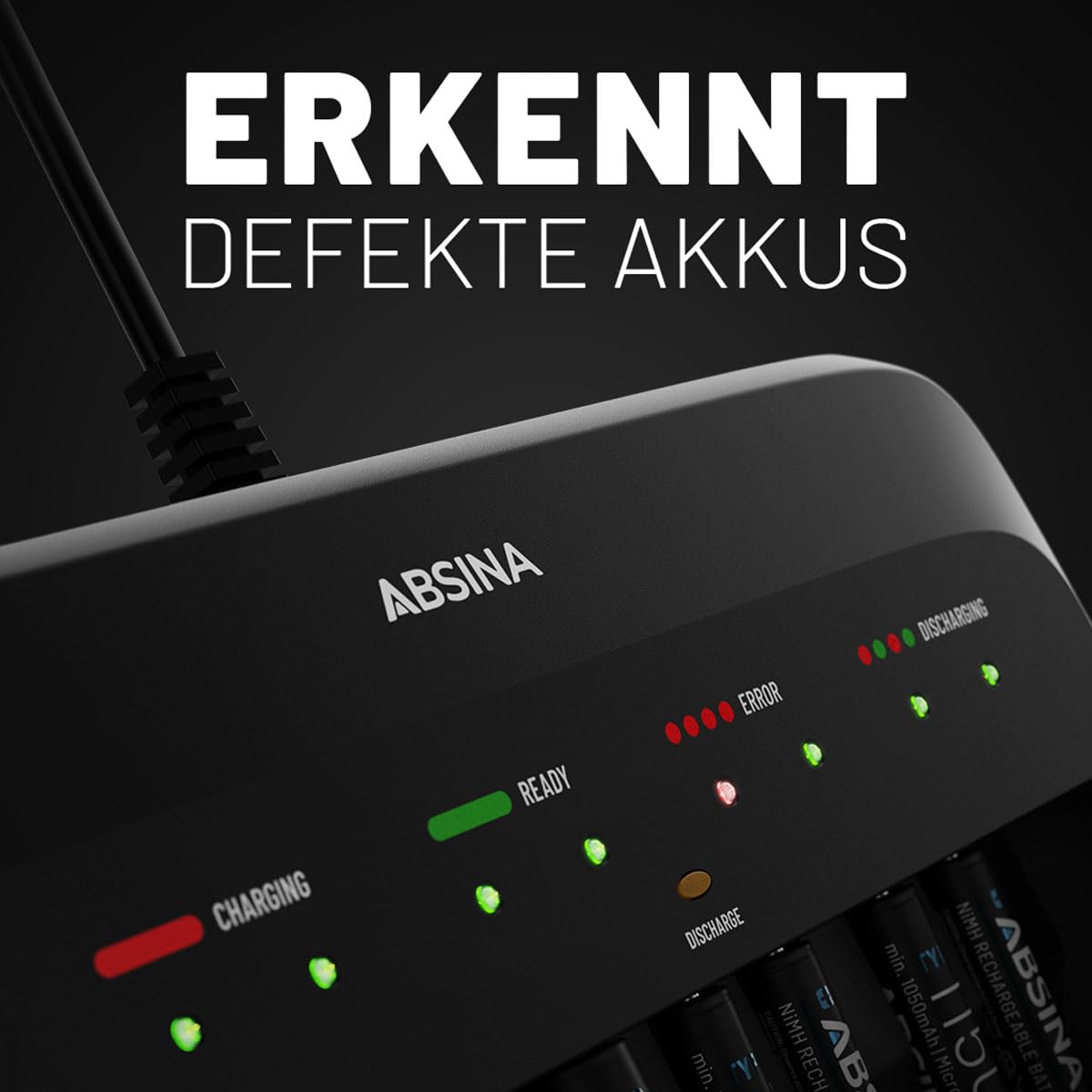 ABSINA Ładowarka do akumulatorów X10 do AA, AAA i 9 V – ładowarka do akumulatorów w zestawie 8 x baterie AAA 1150 – ładowarka NiMH 10-drożna do wielokrotnego ładowania Micro AAA, Mignon AA i 9 V