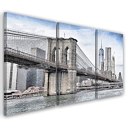 Feeby 3 pièces Impression sur Toile Intissé 120x60 cm Manhattan Le pont de Brooklyn New York Image décoration Murale Design Chambre d'enfant Immeubles...