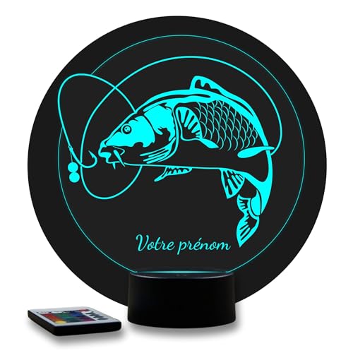 JNB-Maker Lampe LED 3D Carpe Personnalisée Prénom – Veilleuse 16 Couleurs + Télécommande – Cadeau Passion Pêche Carpiste – Fabrication Française...