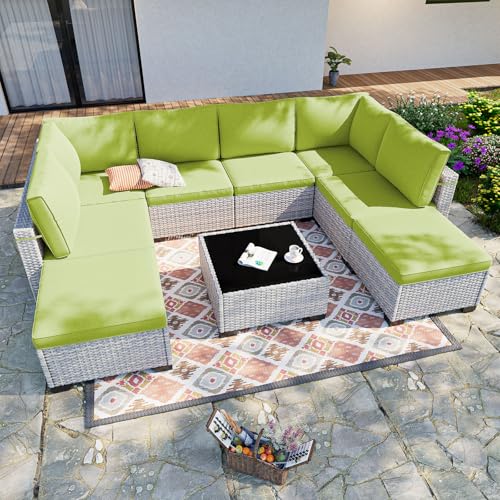 Image of Outdoor PE Wicker Rattan Modular Patio Sectional Sofa Set | 9-Piece: 6 Modular Seats, Coffee Table & 2 Ottomans, Grass Green