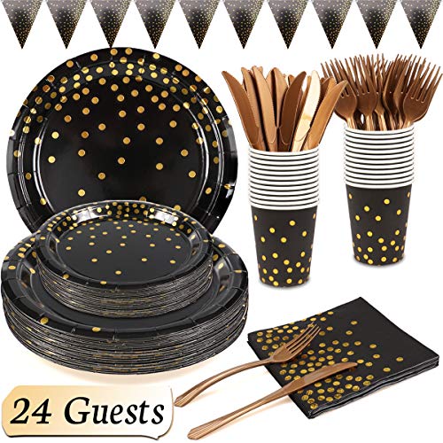 Set Piatti Neri 145 Pz Piatti Carta Halloween Tovaglioli Bicchieri Coltelli Forchette Banner per Festa Compleanno 18 50 Anni '20 Cocktail Laurea Party Anniversario Piatti di Carta Neri Oro 24 Ospiti